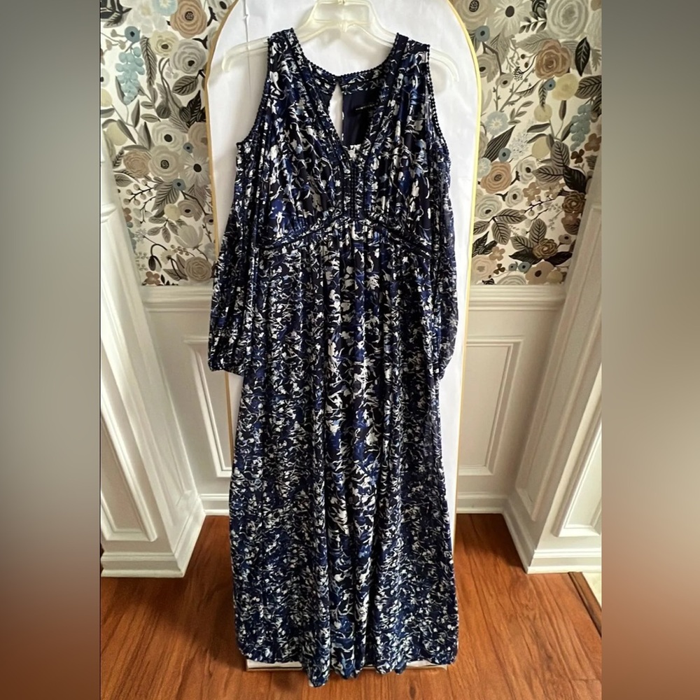 WHBM cold shoulder blue floral maxi